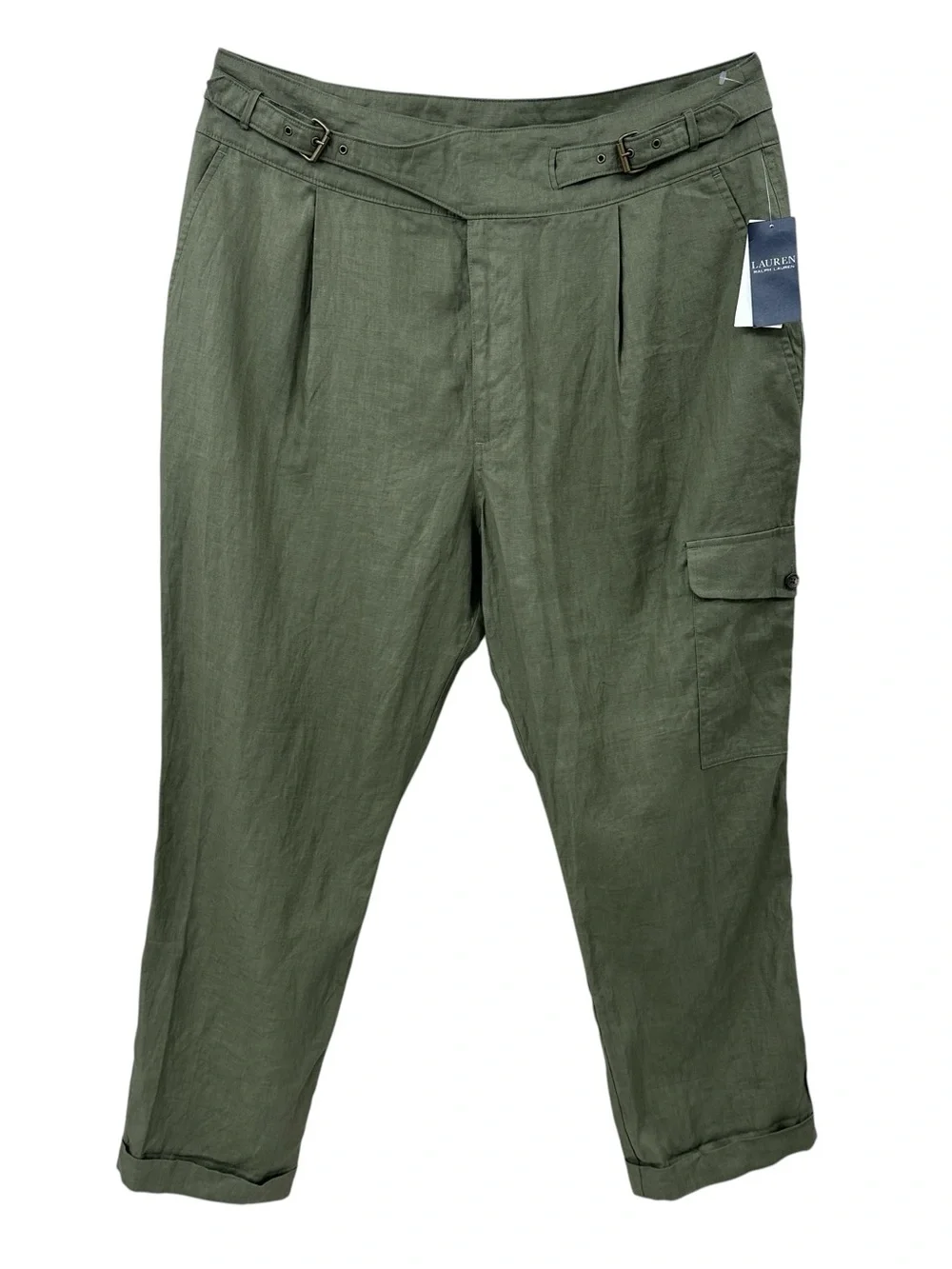 New LAUREN RALPH LAUREN Linen Pants Buckle Detail Pleat Cargo Green LRL